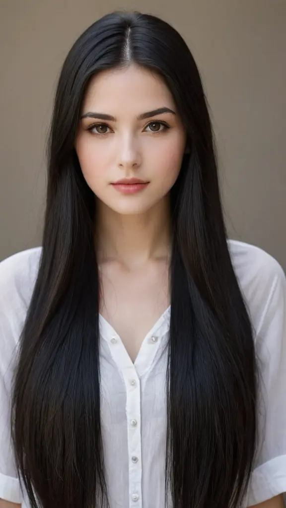 فتاة ذو بشرة بيضاء بشعر اسود و طويل و عين بنيه غامقه و ملامح جميله