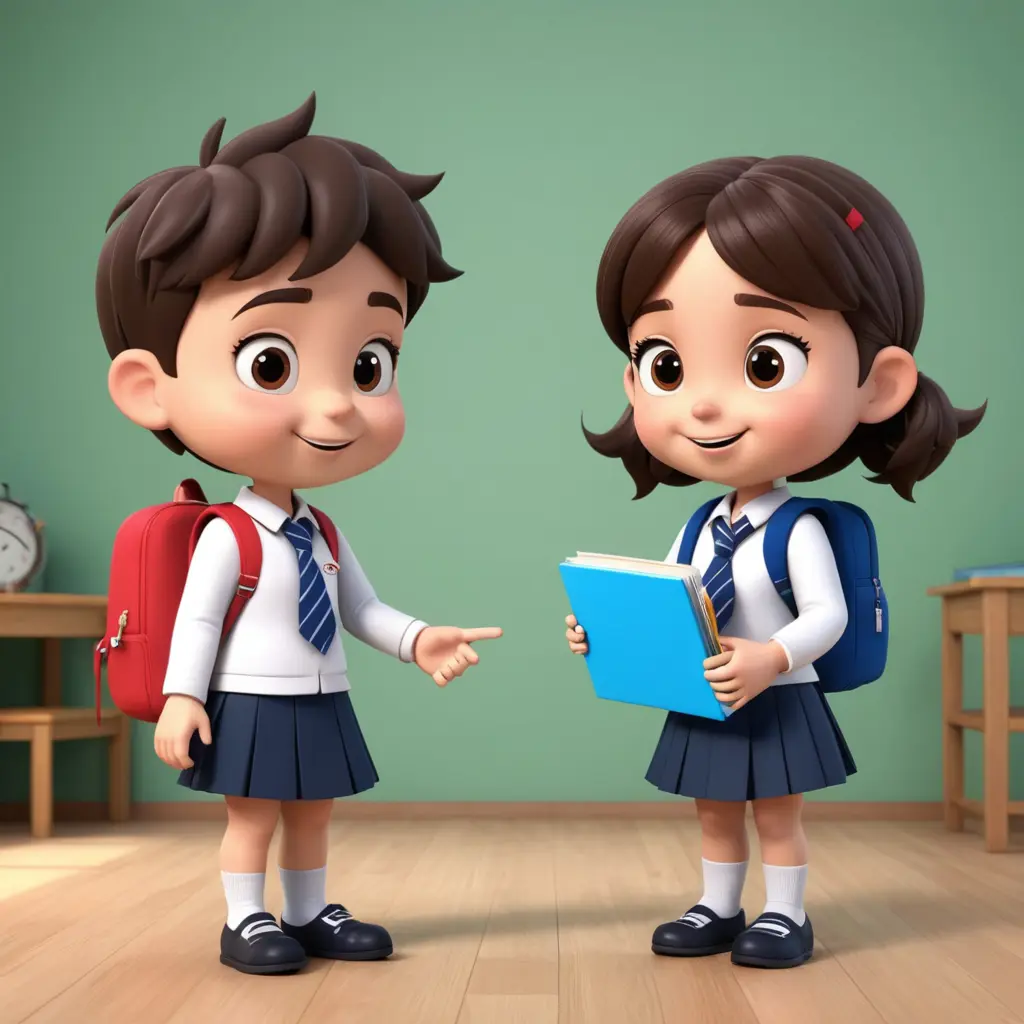 بنت وولد شخصية كرتونية ثري دي ، يرتدي زى مدرسة ، يتبادلوا ومعهم مجموعة ادوات مدرسية