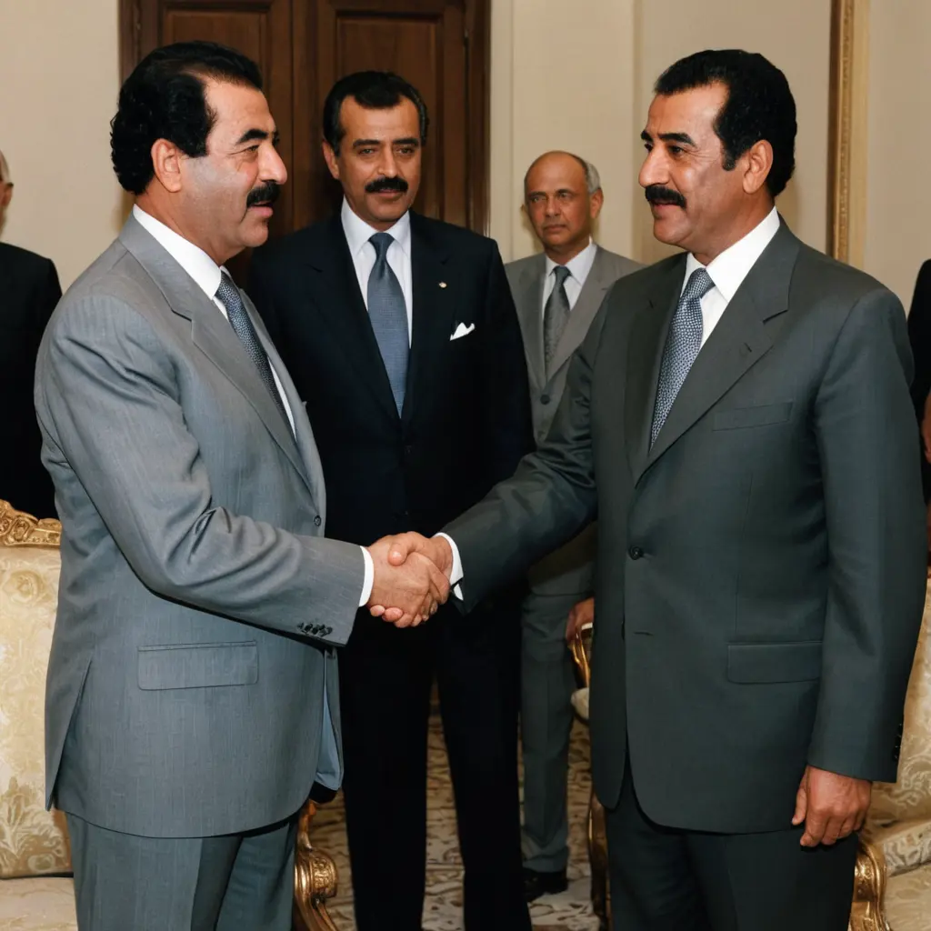 صدام حسين وهو يصافح علي عبدالله صالح رئيس اليمن سابقا