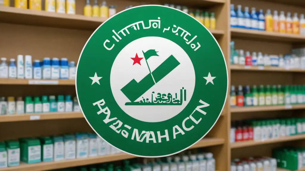 شعار صيدلية باسم سيتامول و في الخلف علم الثورة السورية الاخضر