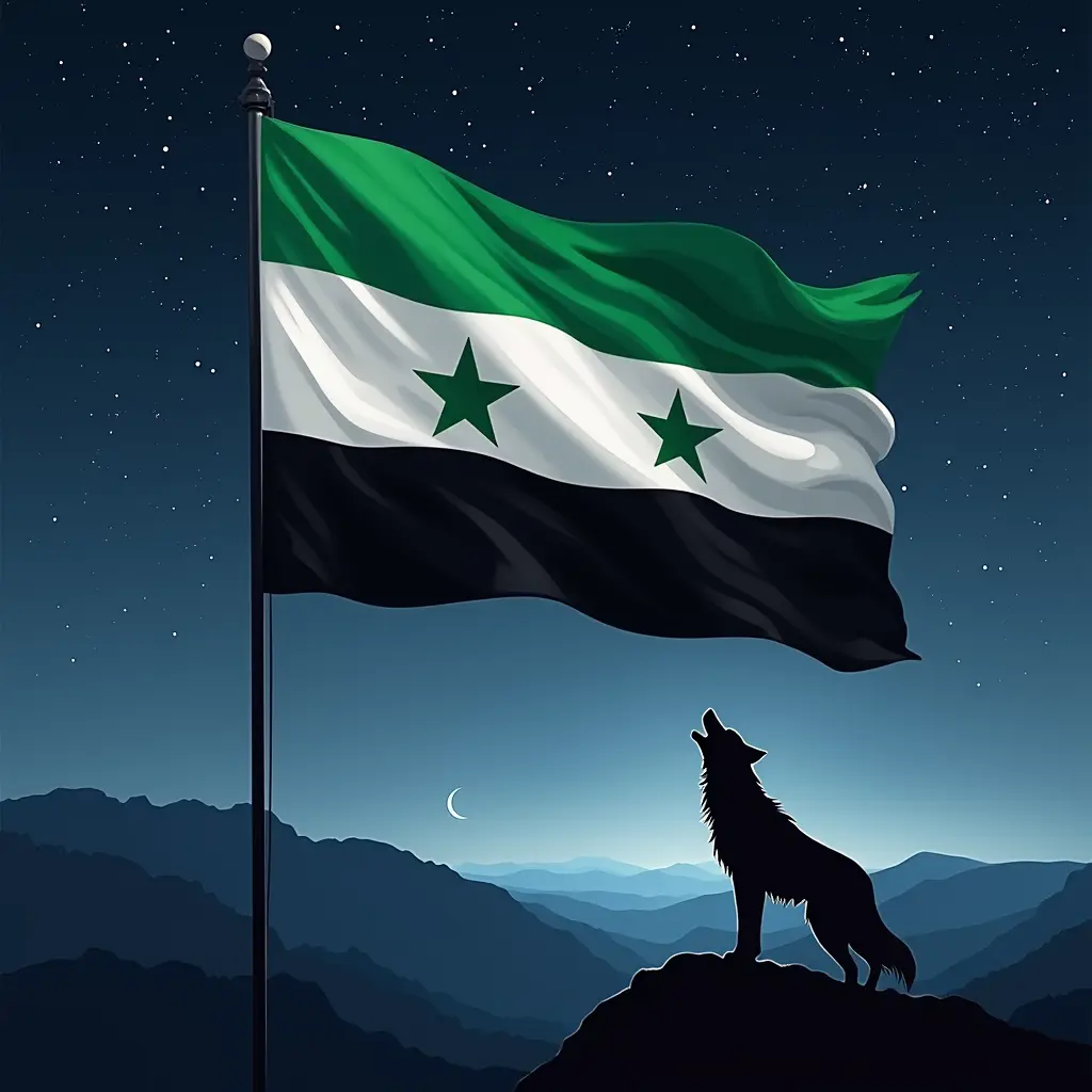 علم سوريا بالون الاخضر من فوق و الاسود من الاسفل و في المنتصف لون ابيض عليه ثلاثه نجوم و هذا العلم موجود في السماء ليلا بين النجوم و فوق جبل سوريا هناك ذئب يعوي نحو العلم السوري