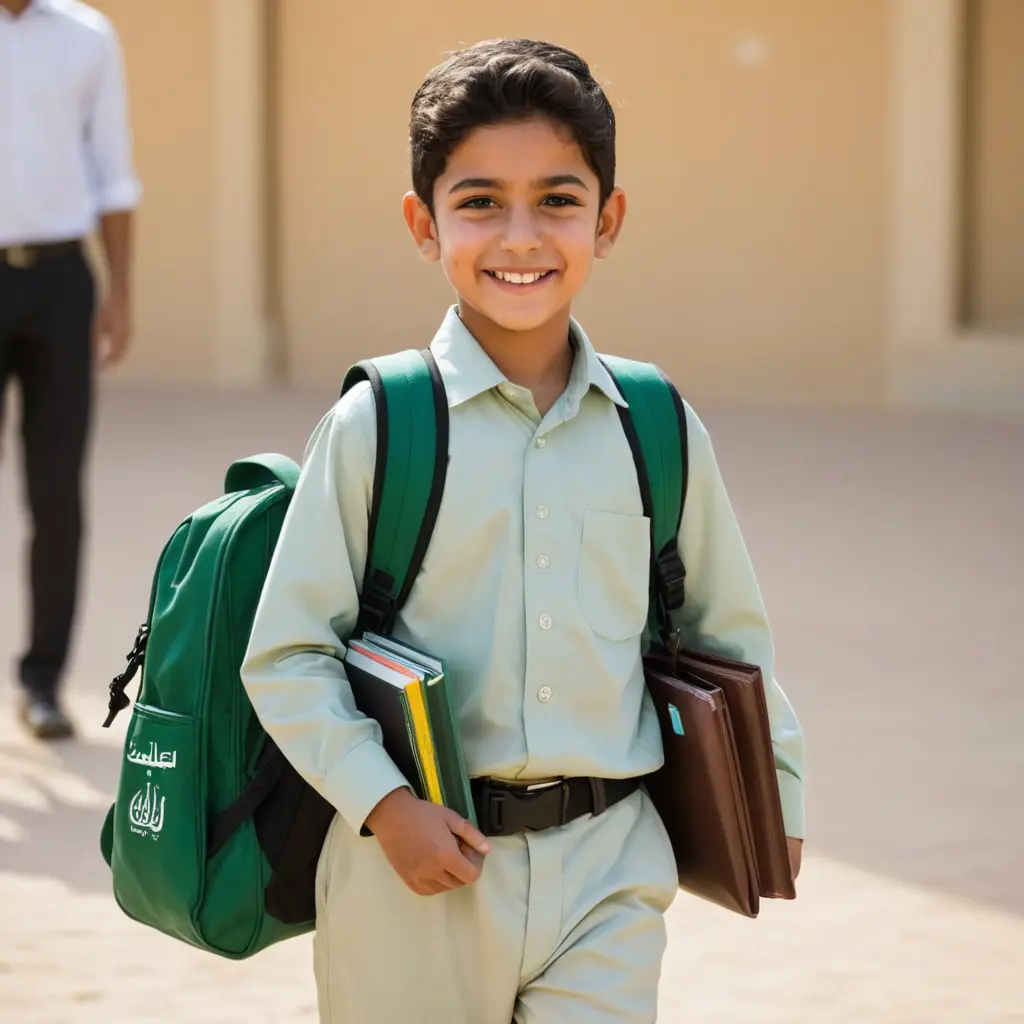 طفل سعودي لابس الزي السعودي مبتسم حامل شنطة مدرسة في ظهره وحامل بعض الكتب في يده في المدرسة