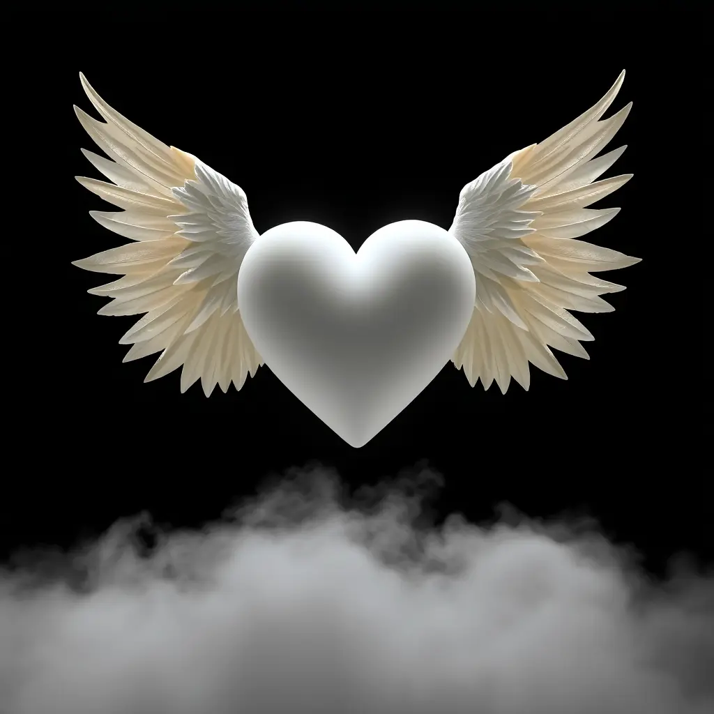 قلب ابيض له اجنحة مع خلفية سوداء وضباب