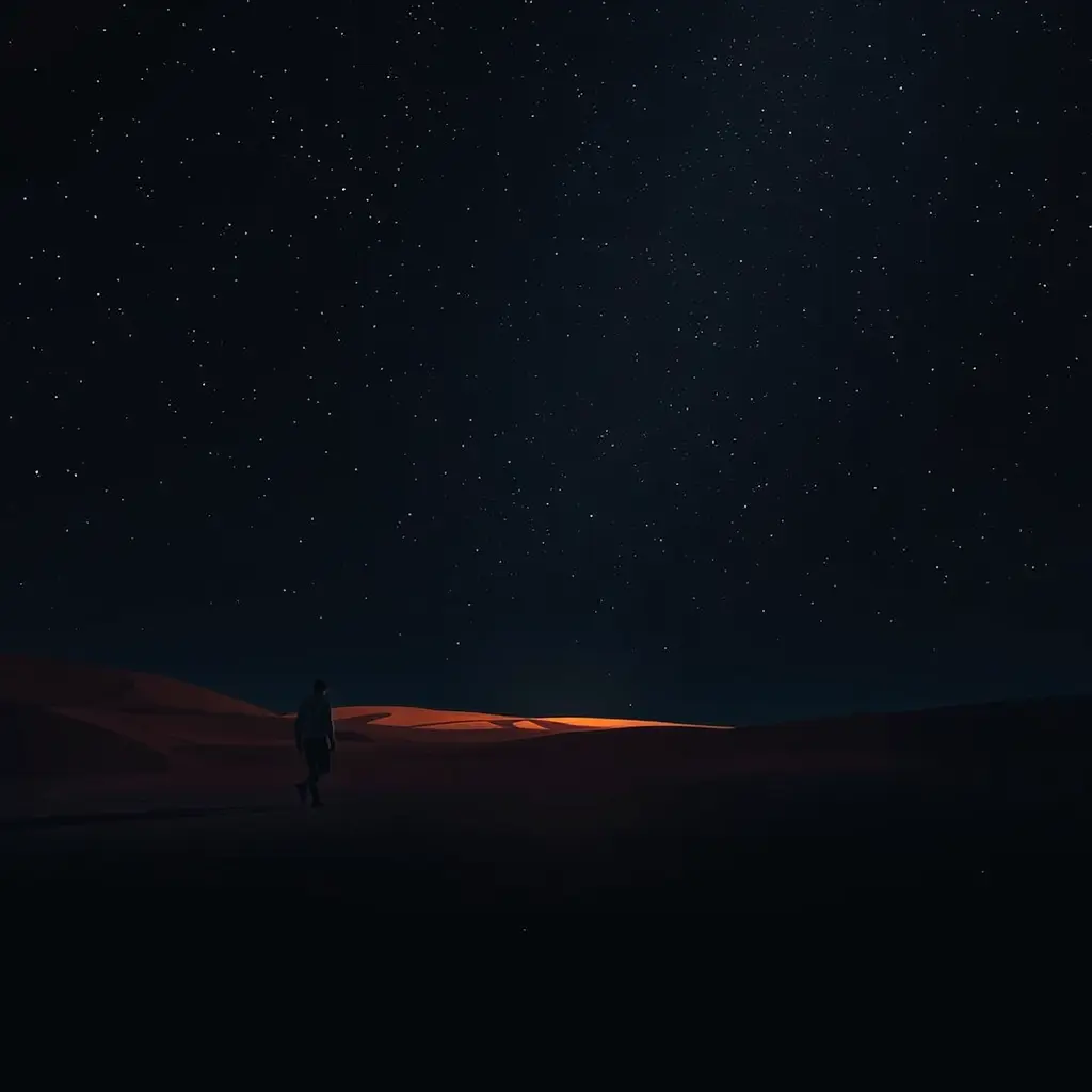 عايز صوره لمكان ضلمه وفي واحد ماشي وفي نجوم في السما وقدامه صحراء وقدامها ميه ومعاها حبيبتي 