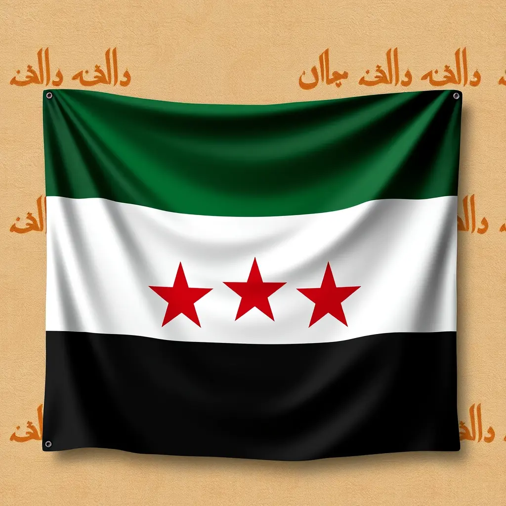 شاهين مع علم الثورة السورية لون العلم القسم العلوي اخضر القسم الاوسط ابيض القسم السفلي اسود مع وجود ثلاث نجوم حمراء في منصف القسم الابيض دقة عالية