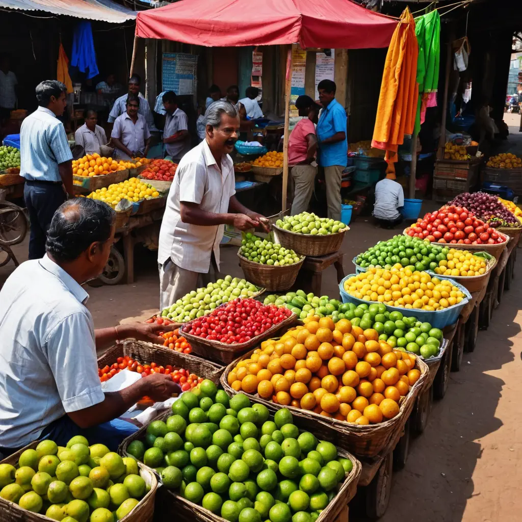 Wide shot colorful fruit vendor at lively sunny street market in South indian city, high contrast direct light and shadows.