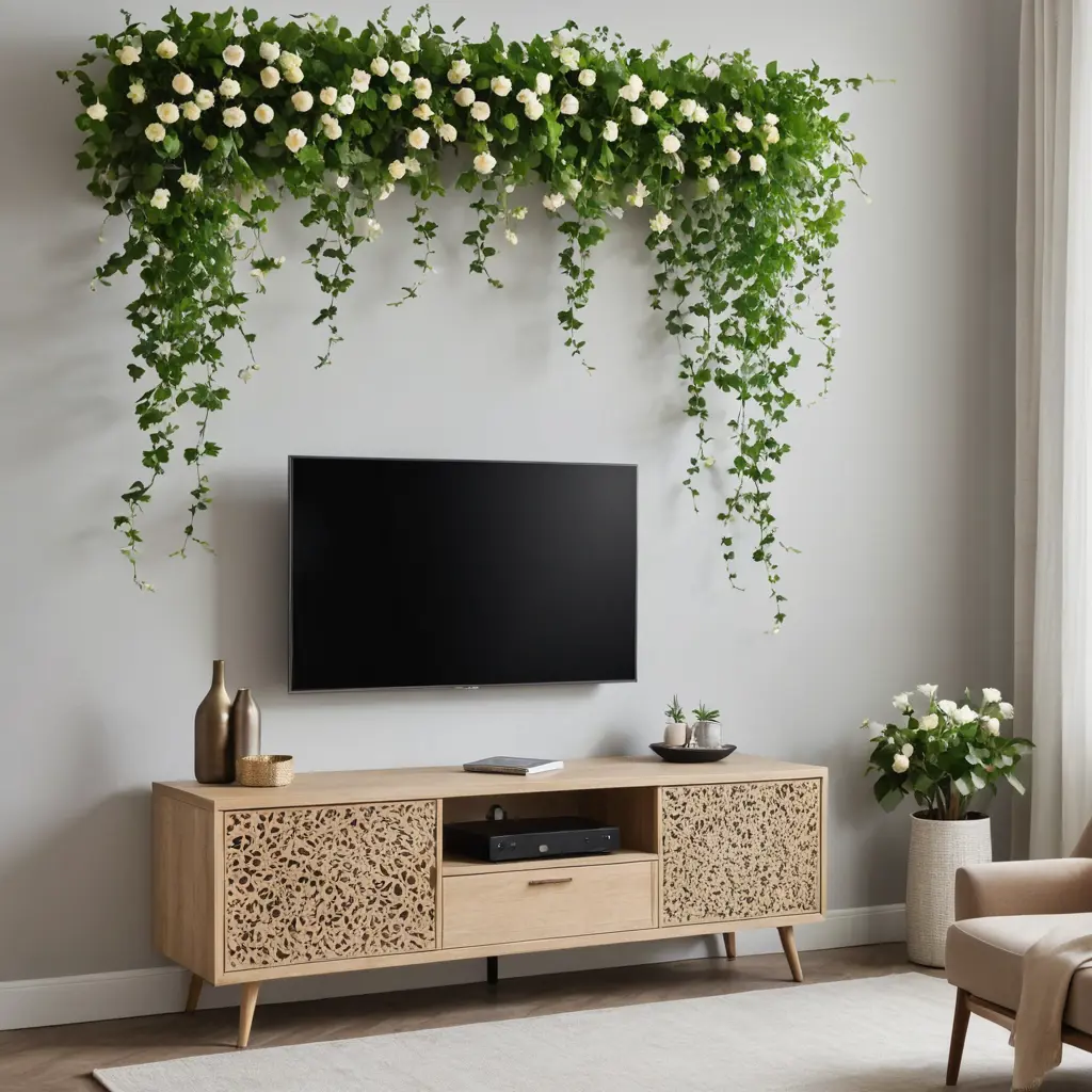 A wall TV table, Flowering Vines on wall around tv , TV on the wall.