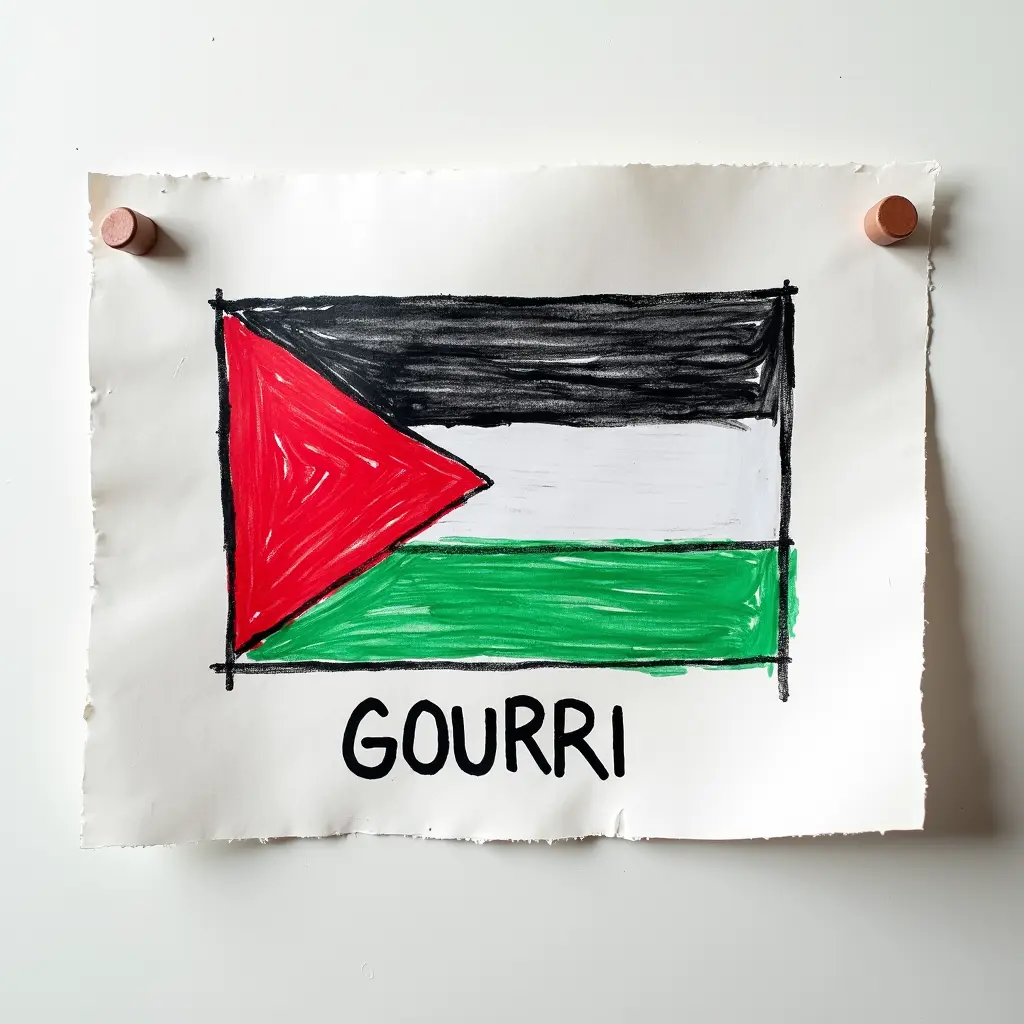 ورقة بيضاء مرسوم عليها علم فلسطين 🇵🇸 ومكتوب عليها إسم GOURRI وكل هذا ب4K