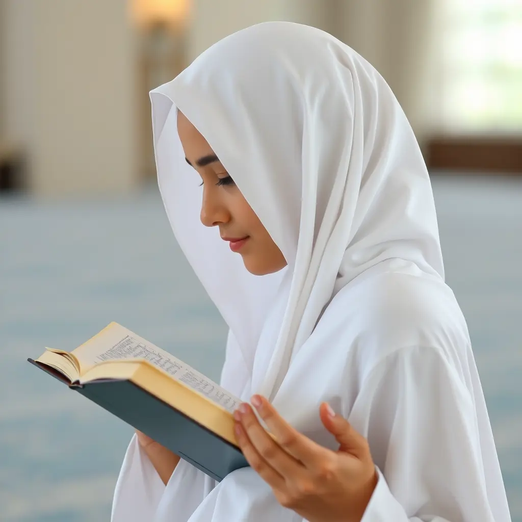 بنت منقبه بشكل كامل لابسه ابيض مصوره من الجنب تقراء قرآن