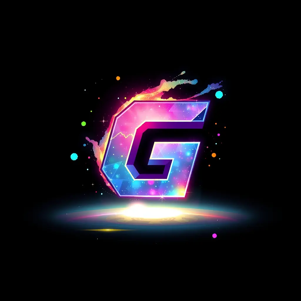 شعار جميل لشركة ألعاب، حرف G مع تأثيرات مجرة، بأسلوب فني حيوي يشبه ألعاب البكسل