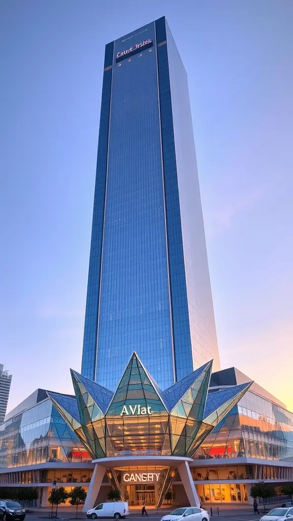 مبنى كبير مكون من ناطحة سحاب شاهقة و مستطيلة الشكل ومميزة بواجهة زجاجية كالمرايا قاعدتها مركز تسوق على شكل نجمة واسعة وكبيرة