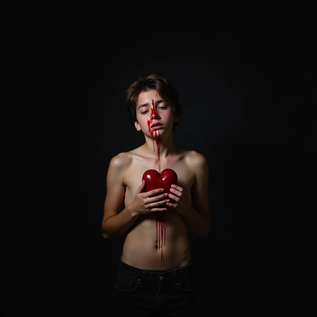 مراهق حزين خلفيه سودا قلب يخفق ويقطر دم