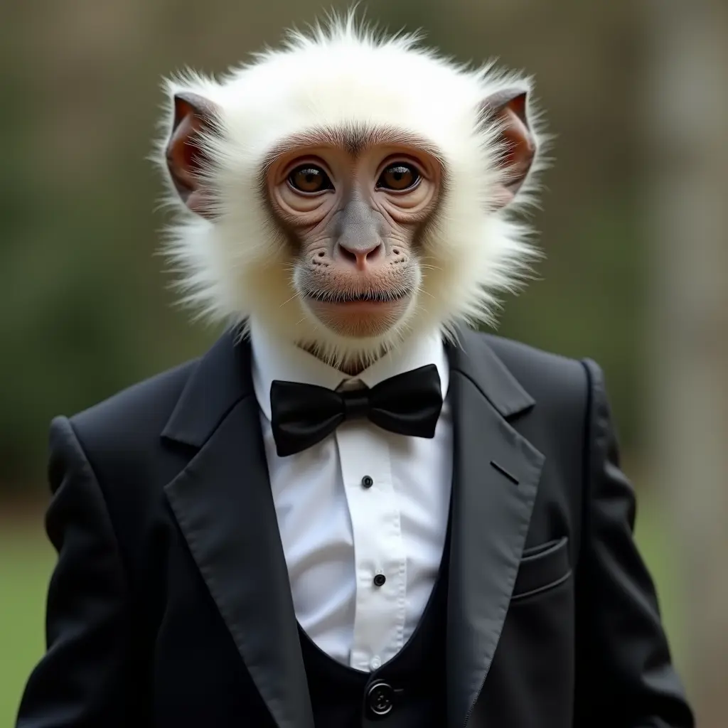 قرد أبيض يلبس بدلة رسمية يذهب إلى بيت الأبيض