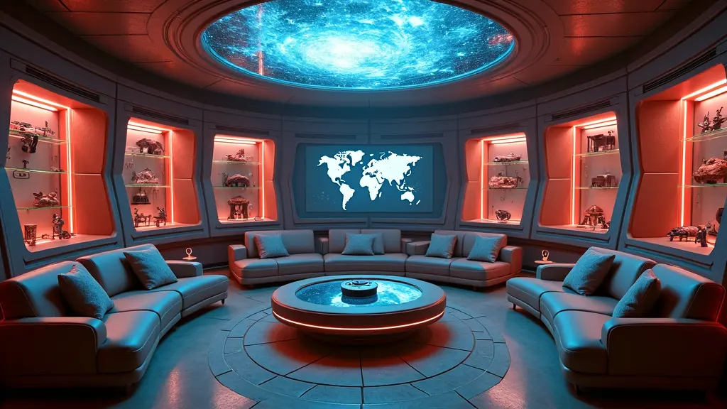 A futuristic but cozy team lounge inside a high-tech superhero base. The room includes comfortable seating, soft glowing lights, and a galactic map projected above a central table. Trophy cases line the walls, displaying sci-fi relics, weapons, and alien artifacts. Personal quarters are built into the walls, each with a distinct colored glow indicating a hero’s space. The overall atmosphere is warm, stylish, and heroic. Sci-fi superhero living quarters, cozy lounge with trophy displays, cinematic lighting, concept environment