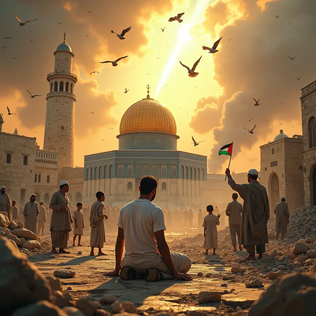 تُظهر الصورة المسجد الأقصى وقبة الصخرة في الخلفية، محاطين بالأنقاض والدخان، بينما يقف شاب يسجد بين الركام، تعبيرًا عن الإيمان رغم المحن. بجانبه، أطفال يرفعون الأعلام الفلسطينية، وشيوخ يرفعون أيديهم بالدعاء. في السماء، نور ذهبي يخترق الغيوم، يرمز للرحمة الإلهية، وتتداخل معه كلمات "وَتُسَبِّحُوهُ بُكْرَةً وَأَصِيلًا" مضيئة في الأفق. أصوات التكبير والتسبيح تتردد في الأجواء، تعكس الصمود والثبات، بينما الطيور تحلق فوق المسجد، رمزًا للحرية والنصر القادم.