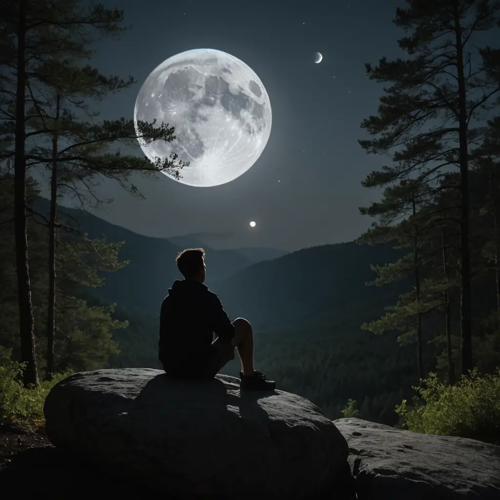 صورة لرجل جالس على صخرة في الغابة امام القمر والرجل يظهر اسودا القمر يبدو كبيرا والفتى لاينظر اليه