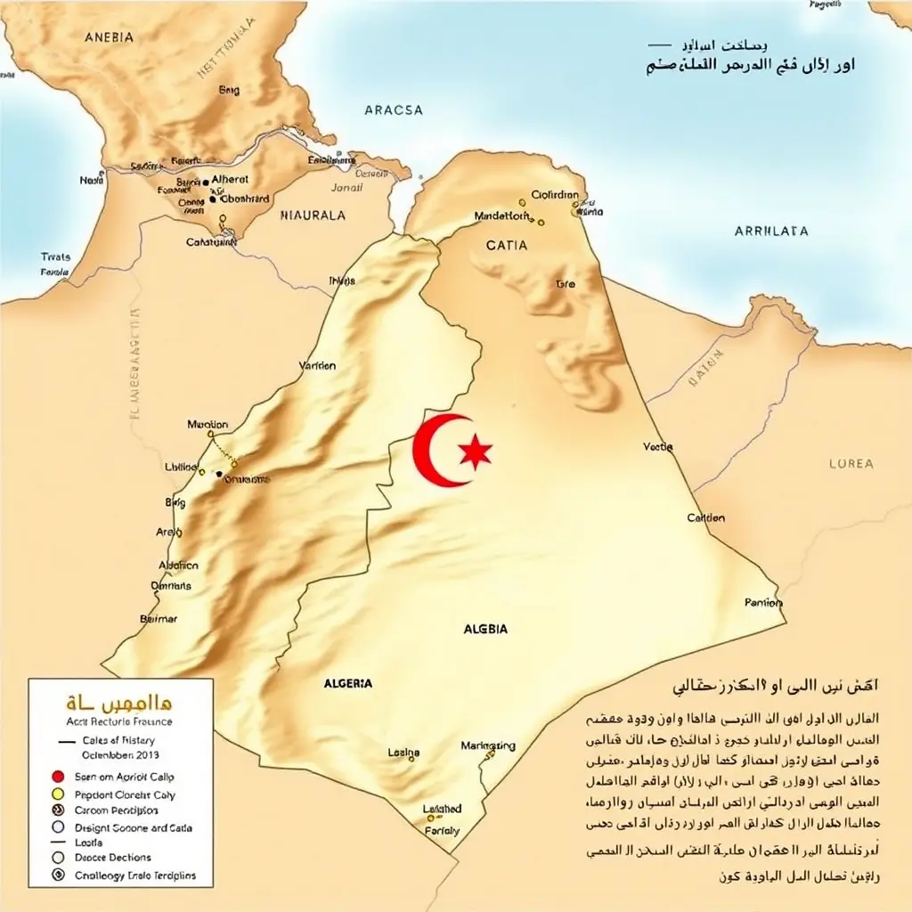 خريطة صماء للجزائر في العصر القديم بالحدود ومقسمة لمناطق الزراعة والصناعة وتاريخ الخريطة ومصدرها الالكتروني ومكتوبة باللغة العربية لغة واضحة ودقيقة