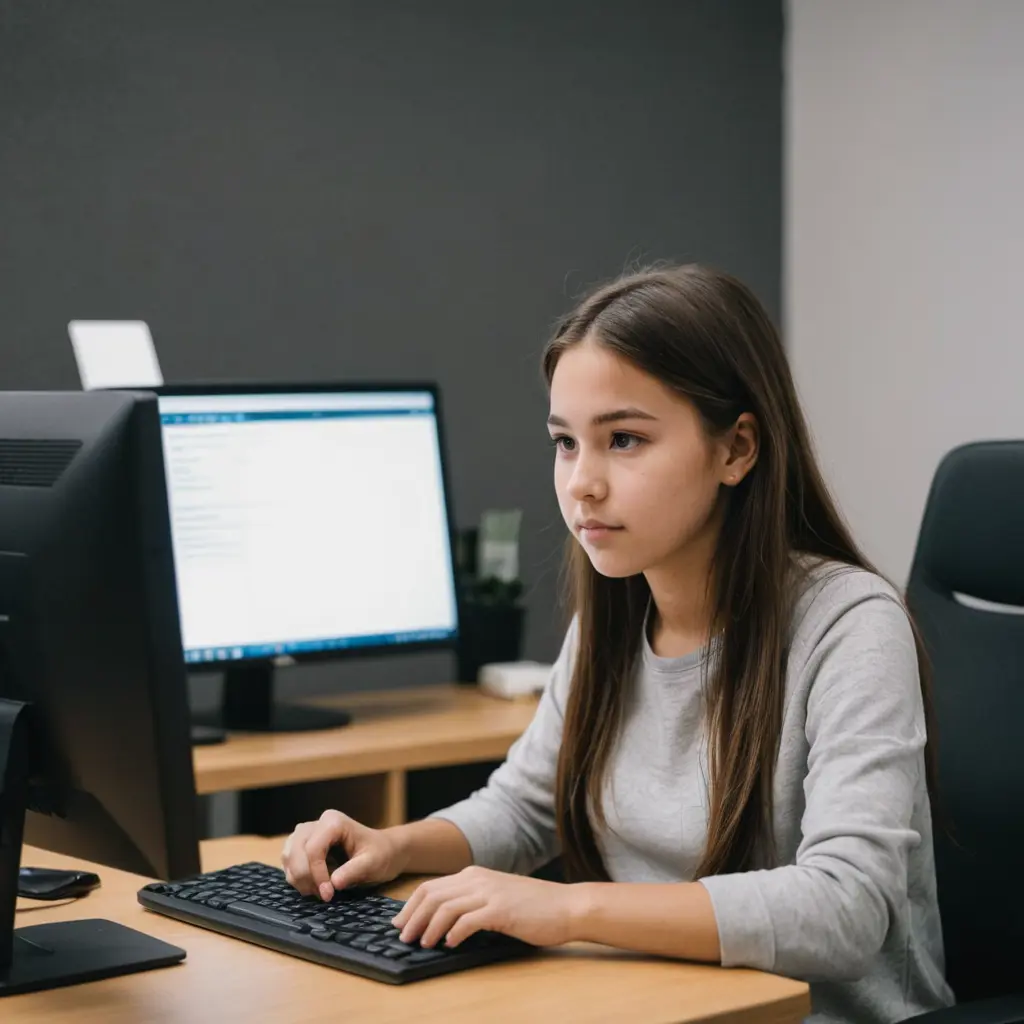 صورة بنت تجلس على الكمبيوتر