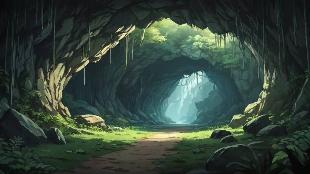2D, anime style. A primitive cave in the middle where a forest start.
Complete perspective from outside the cave.