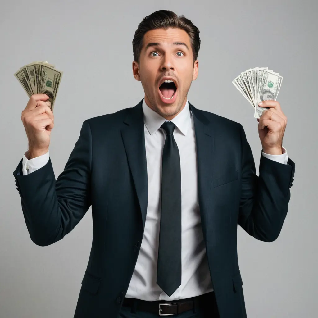 رجل لابس بدله وماسك فلوس وفاتح فمو