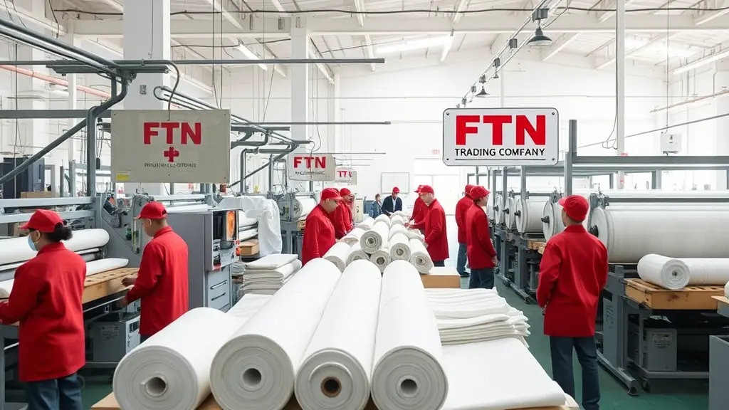 مصنع اقمشه غير منسوجه وشغال فيه عمال لابسين لون احمر ويوجد يافطه عليها اسم الشركه التجاريه FTN