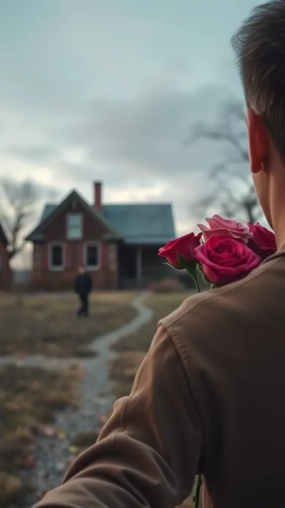 رجل يحمل الورود في يده ينظر إلى منزل لم يعد يعيش فيه أحد