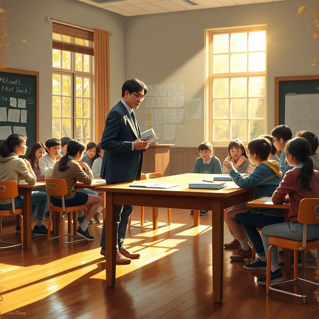 秋高气爽的清晨,教室里熙熙攘攘,学生们围坐在宽大的木桌旁,老师正站在桌前,准备给他们上课。教室里弥漫着新削的铅笔和新印的讲义的香味。老师穿着职业西装,手里拿着一叠试卷,在门口踱来踱去,一脸担忧。老师:比赛快开始了,小云怎么还没来?一个学生举起了手,语气中充满了担忧。老师停顿了一下,把手放在她的肩膀上,安慰道。学生:我刚给她打过电话,她正在路上。另一个学生插话道,试图缓解紧张的气氛。老师:我们别等她了。我先解释一下这次比赛的要求和一些注意事项,老师语气坚定地对全班同学说。阳光透过大大的窗户照进教室,教室里明亮明亮,温暖的金色光芒洒在木地板上,洒在学生们热切的脸上。这一幕以写实的油画风格呈现,烘托出比赛开始前老师准备传达重要指示时,教室里弥漫着的温暖和期待。(视频)镜头缓缓摇摄教室,聚焦于老师充满激情的讲课和学生们兴奋的表情,最后逐渐切换到老师手持写有比赛细节的纸张的特写镜头。