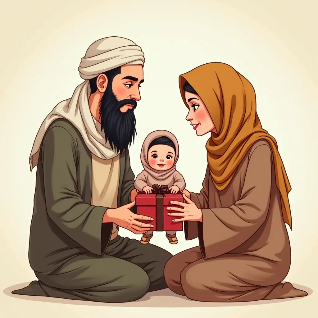 صورة كارتونية لرجل مسلم ملتحي يقدم لزوجته المحجبة الجميلة هدية بمناسبة عيد ميلادها ومعهم طفلة صغيرة بعمر سنتين
