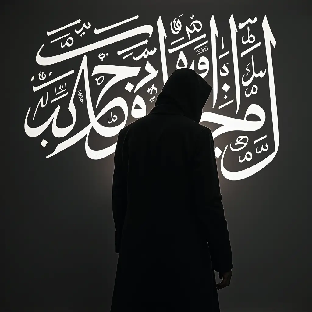 اريد صوره شخص غامض تقريبا يبدو أنه يستدير للوراء ورائه كتابه لا اله الا الله واشهد أن علي ولي الله باللغه العربيه بخط ابيض مزخرف مع محافظه على شكل حروف عربيه وتكون هذه كتابه وراء الرجل وتكون مناسبه لوضعها صوره ملف شخصي في الانستقرام