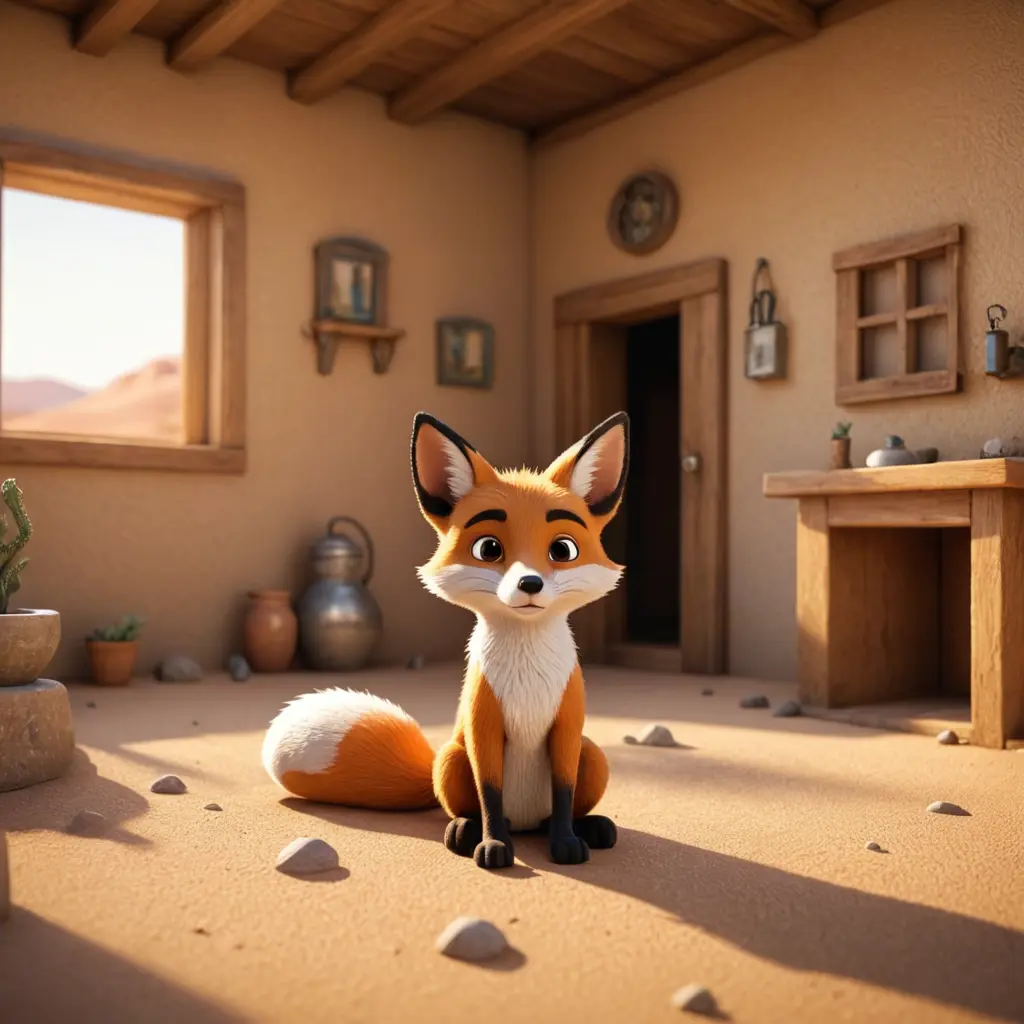 كرتون 3d ثعلب صحراوي حزين في منزله