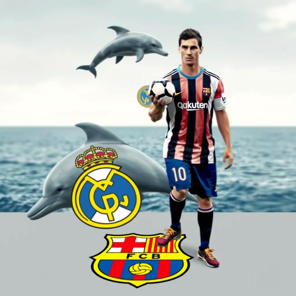 كرة قدم بيد رونالدو وراء البحر وهناك دلفين يقفز فوقه وعلى الدلفين هناك شعار ريال مدريد وعلى الأرض شعار نادي برشلونة يدعس عليه رونالدو ومسي يبكي