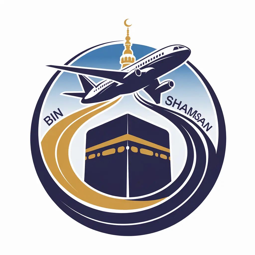 Generate a detailed logo in 2d for a company named 'Bin shamsan' in the travel field. The logo should prominently feature plane and bus and kaaba .