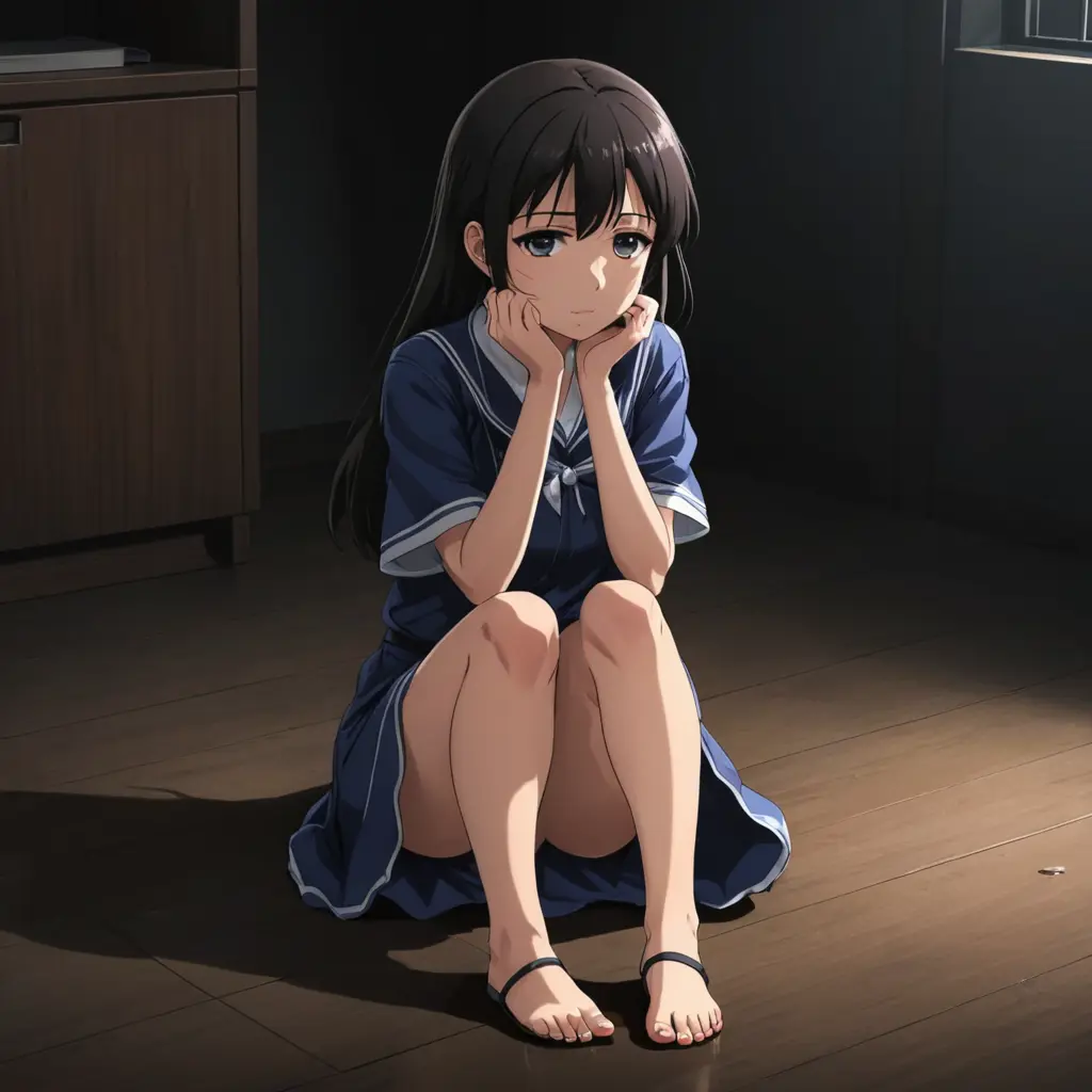 بنت انمي تجلس على الارض وتبكي مع ظلام