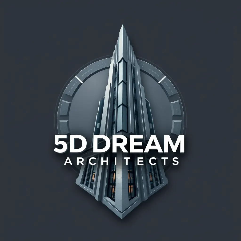 Generate a detailed futuristic style logo in 2d for a company named '5D Dream Architects company '  . The logo should prominently feature Architecture and Modern Architecture and Modern tower which uses gray colors palette.