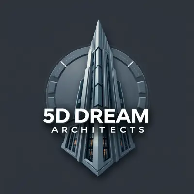 Generate a detailed futuristic style logo in 2d for a company named '5D Dream Architects company ' . The logo should prominently feature Architecture and Modern Architecture and Modern tower which uses gray colors palette.