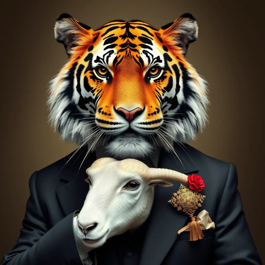 صورة نمر يرتدي بدلة رسمية مع خروف عيد الأضحى