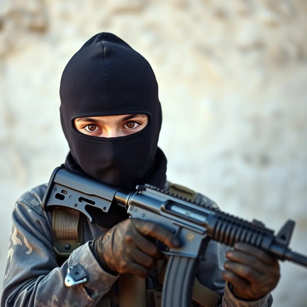 بدي صورة ل مقاوم عمرو 16 سنة ملثم حامل m16 فلسطيني هو و عيونو بنية وزنو60 وطولو180