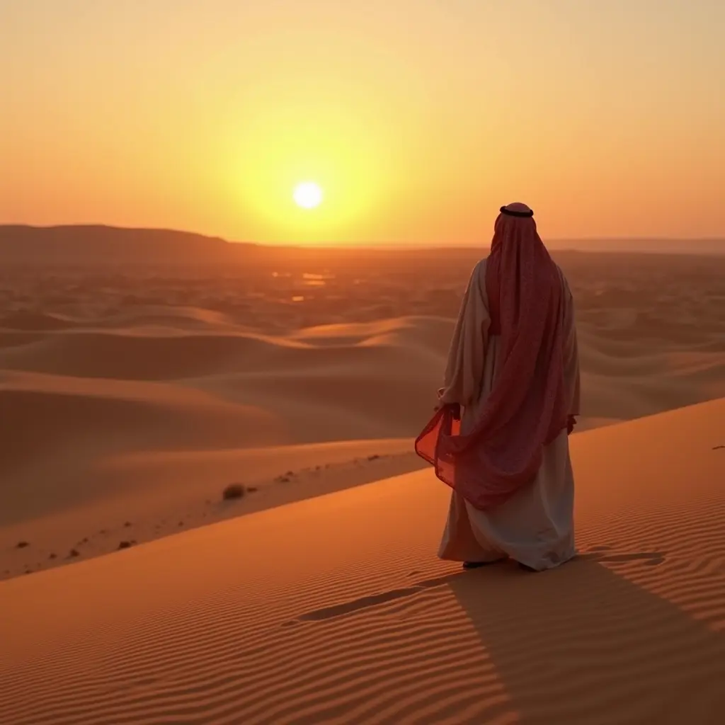 غروب الشمس في الصحراء واحد لبس سعودي ثوب ولبس شماغ وجالس وبيشوف الغروب الحصان اسود
