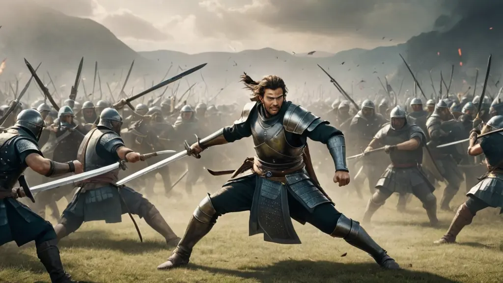 تخيل محارب حامل سيف يقاتل ضد جيش كبير