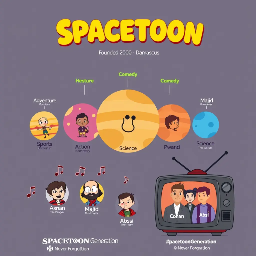Vertical Cartoon Infographic for “Spacetoon”:
Top: Logo + “Founded 2000 – Damascus.”
Middle: 6 colorful “planets” (Adventure, Sports, Action, History, Comedy, Science), each with one iconic character, simple symbol, and song title.
Bottom: Floating music notes + mini-portraits of Conan, Majid, Absi with their catchphrases.
Footer: Retro TV showing logo + “Spacetoon Generation – Never Forgotten” + #SpacetoonGeneration.