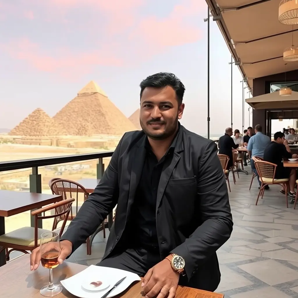 صوره للمصمم علاوي العلوي بجنب الاهرام في كافيه