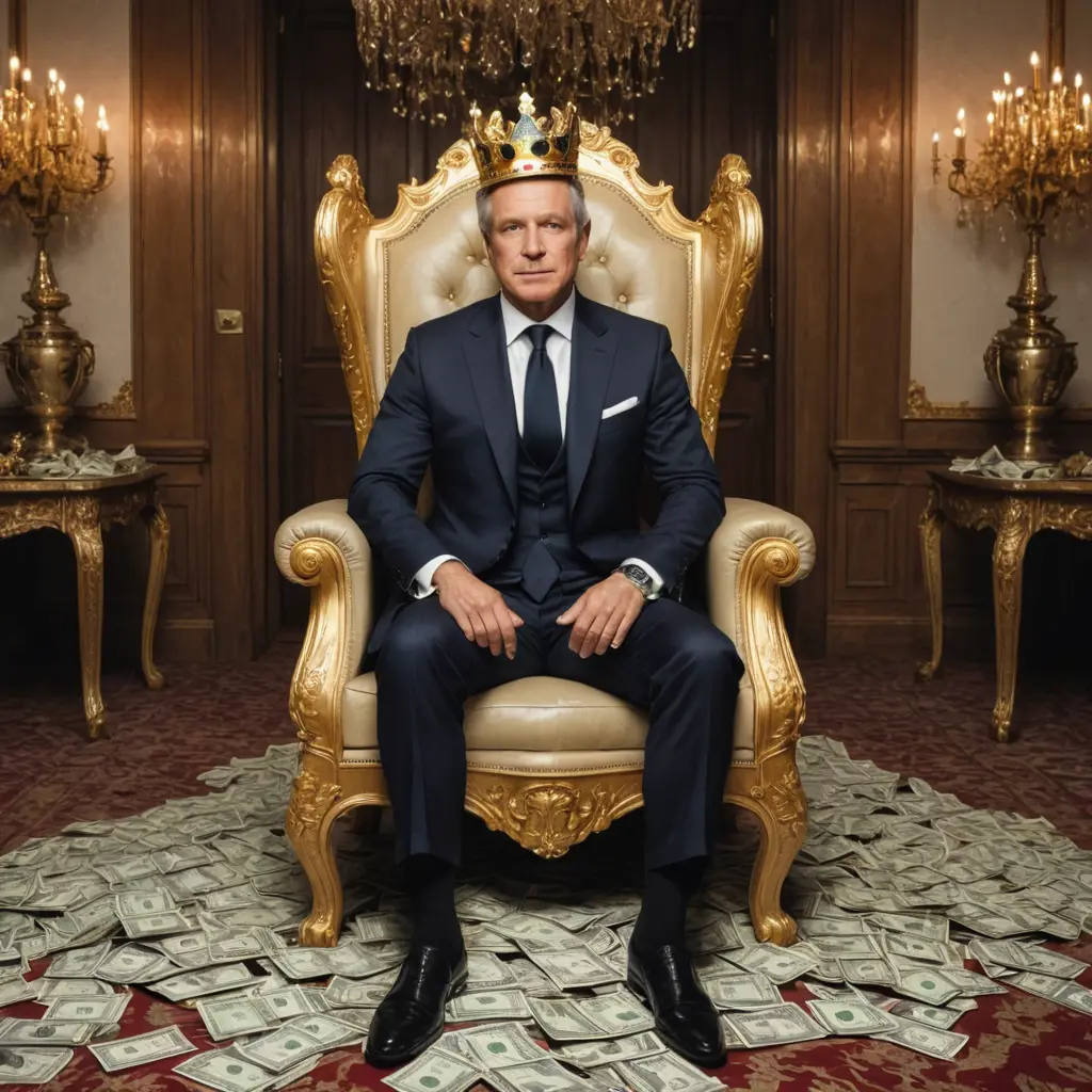 رجل غني جدا يجلس على كرسي ملكي على رأسه تاج من ذهب في غرفة ممتلئة بحقائب من المال
