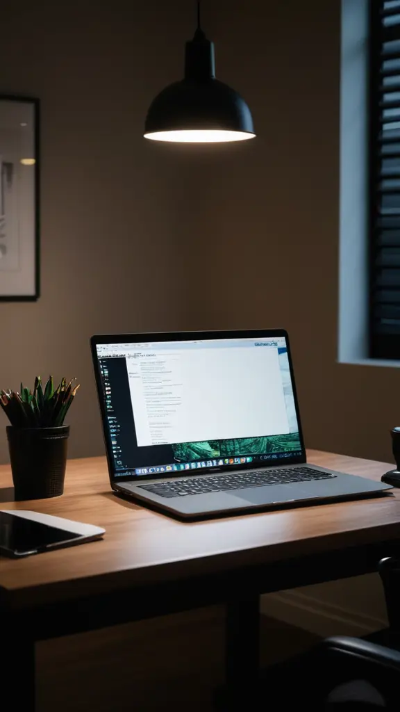 مكتب على طاولة المكتب لابتوب موجة الى الصورة والغرفة الضوء فيها مظلم قليل وفوق الكمبيوتر إضاءة الصورة للمونتاج