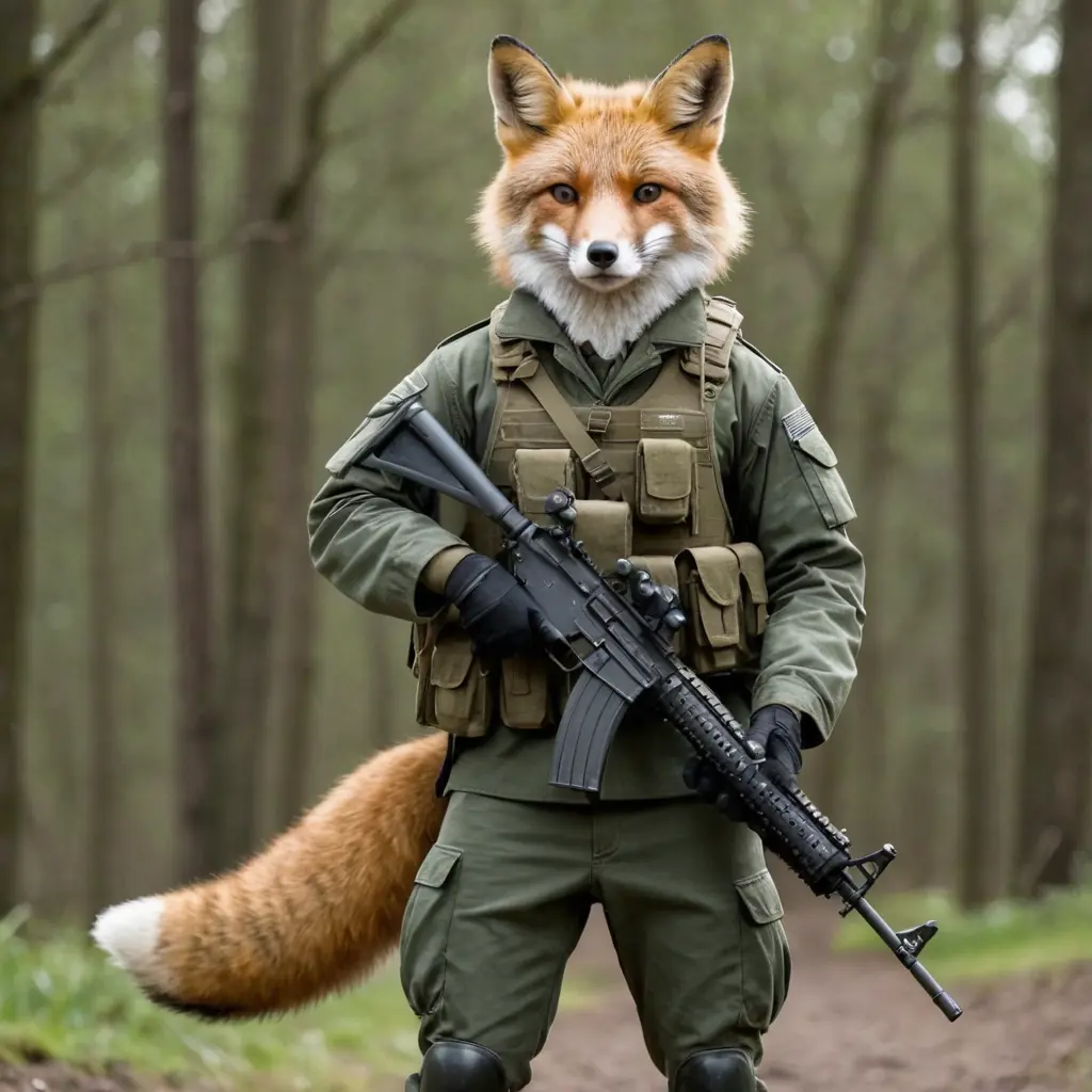 ثعلب في ملابس عسكرية ويحمل سلاح