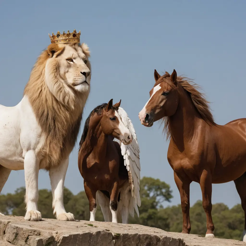 اسد ذهبي وصقر ابيض وحصان بني مرتدين التيجان