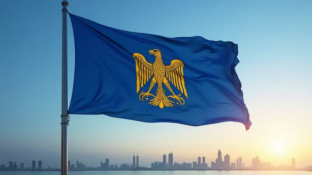 على خلفية زرقاء هادئة، يرفرف علم أزرق مهيب بزخارف ذهبية معقدة بلطف، يحمل شعار نسر ذهبي مثل نسر علم مصر ،يمسك سيفًا لامعًا في إحدى قدميه الأماميتين وغصن زيتون في الأخرى، على خلفيه من العاصمة الإدارية الجديدة تحت سماء صافية زرقاء عند الفجر، مع ضوء ناعم