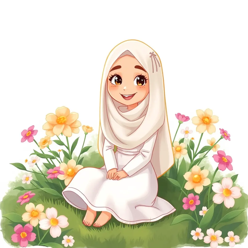 امراه محجبه كرتونيه سعيده تجلس على الخضره ويحيط بها الورود من كل ناحيه تلبس فستان ابيض محتشم جميل