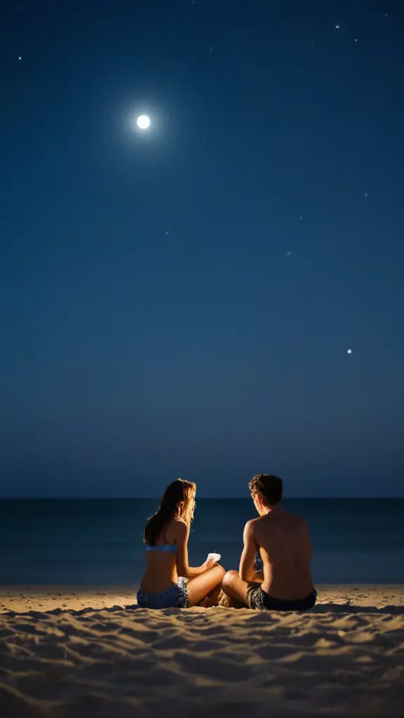 جلسة شباب على الشاطئ في الليل و ضوء القمر