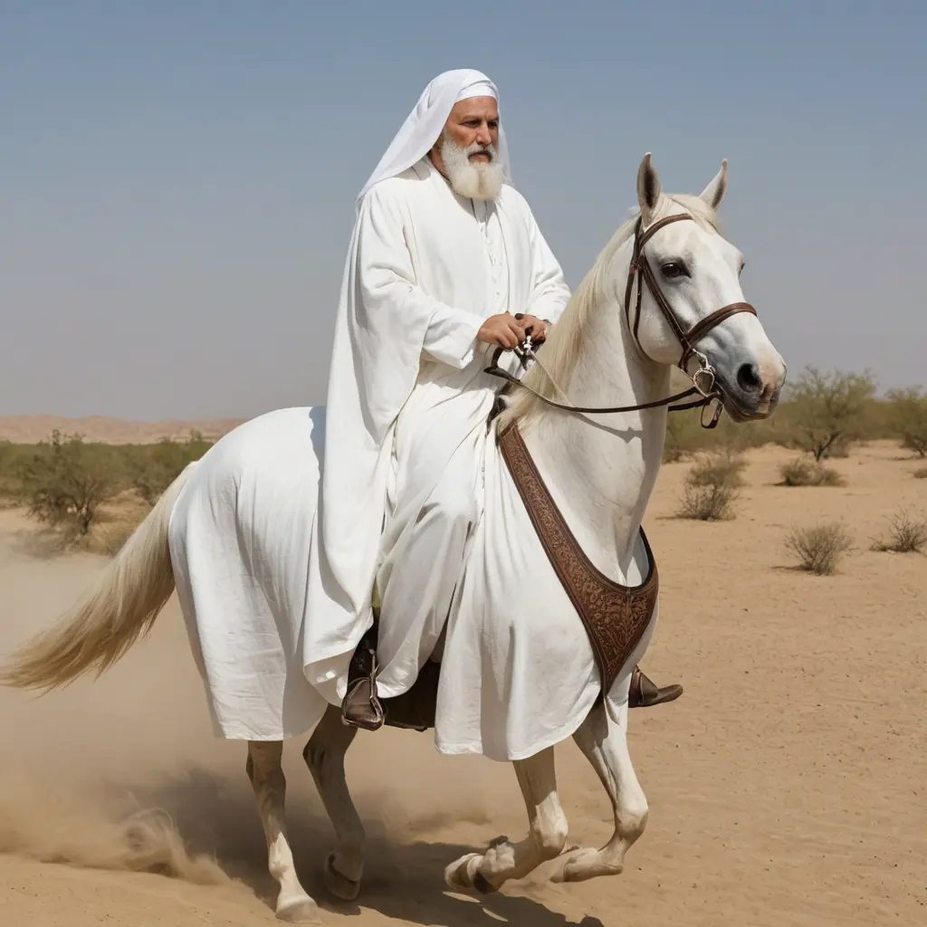 رجل طويل ذو لحية بيضاء وطرحة بيضاء علي رأسة وجلباب ابيض ويركب حصان