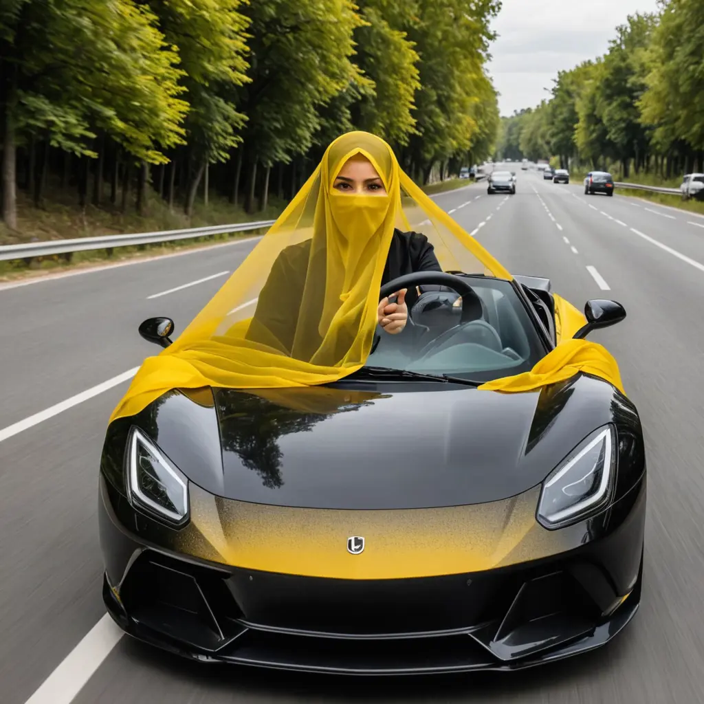 تصميم صورة سيدة محجبه تقود سيارة في الطريق مع ظهور مقدمة السيارة  مع وجودكلمة uturn واستخدام اللون الاصفر والاسود 
